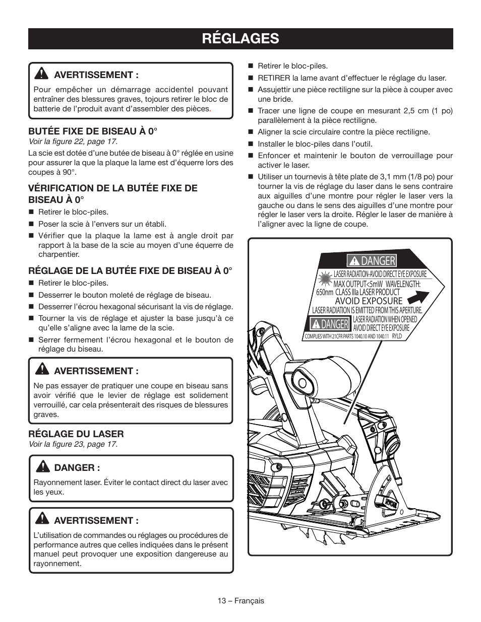 Réglages, Danger, Avoid exposure | Ryobi P506 User Manual | Page 26 / 44