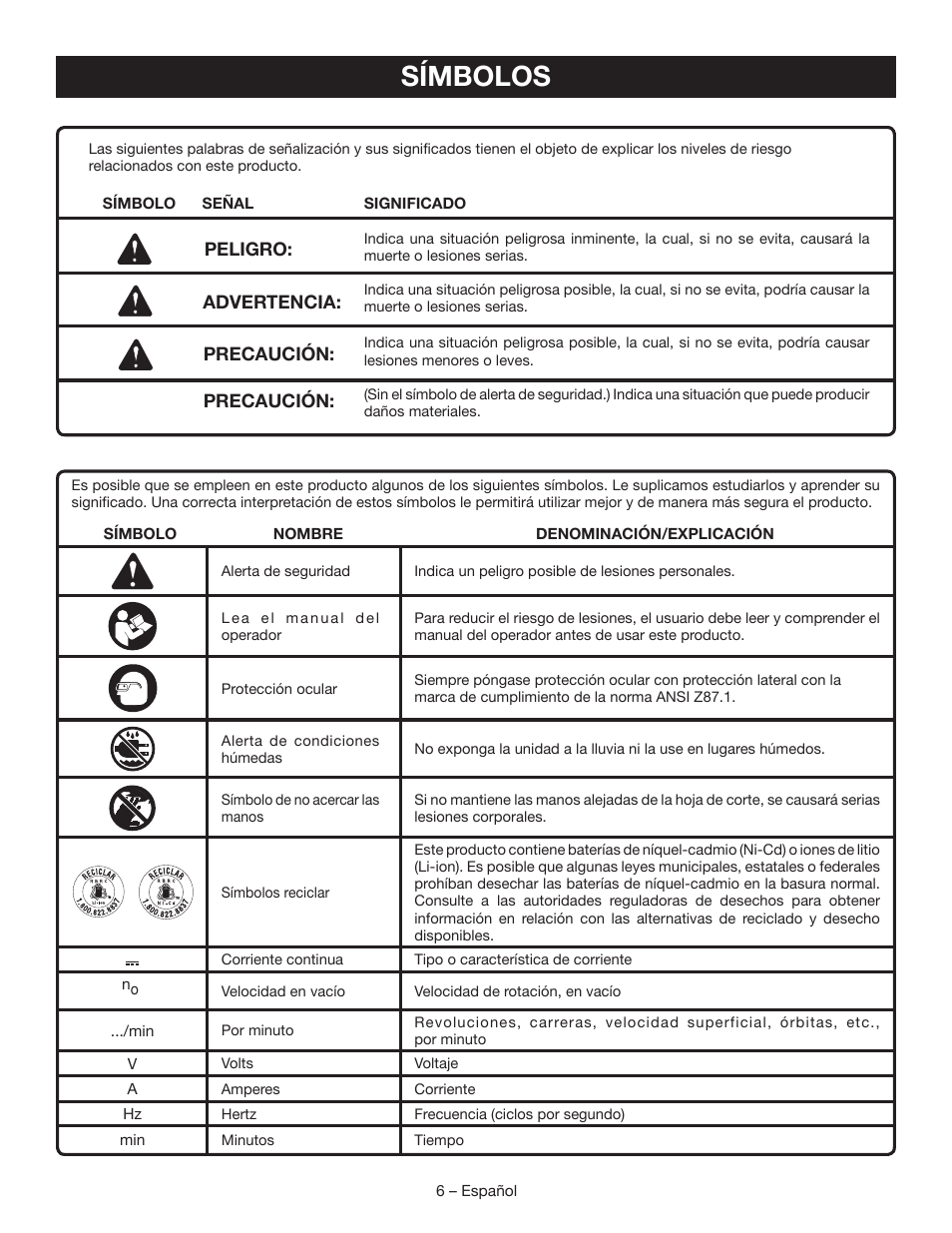 Símbolos | Ryobi P506 User Manual | Page 32 / 44