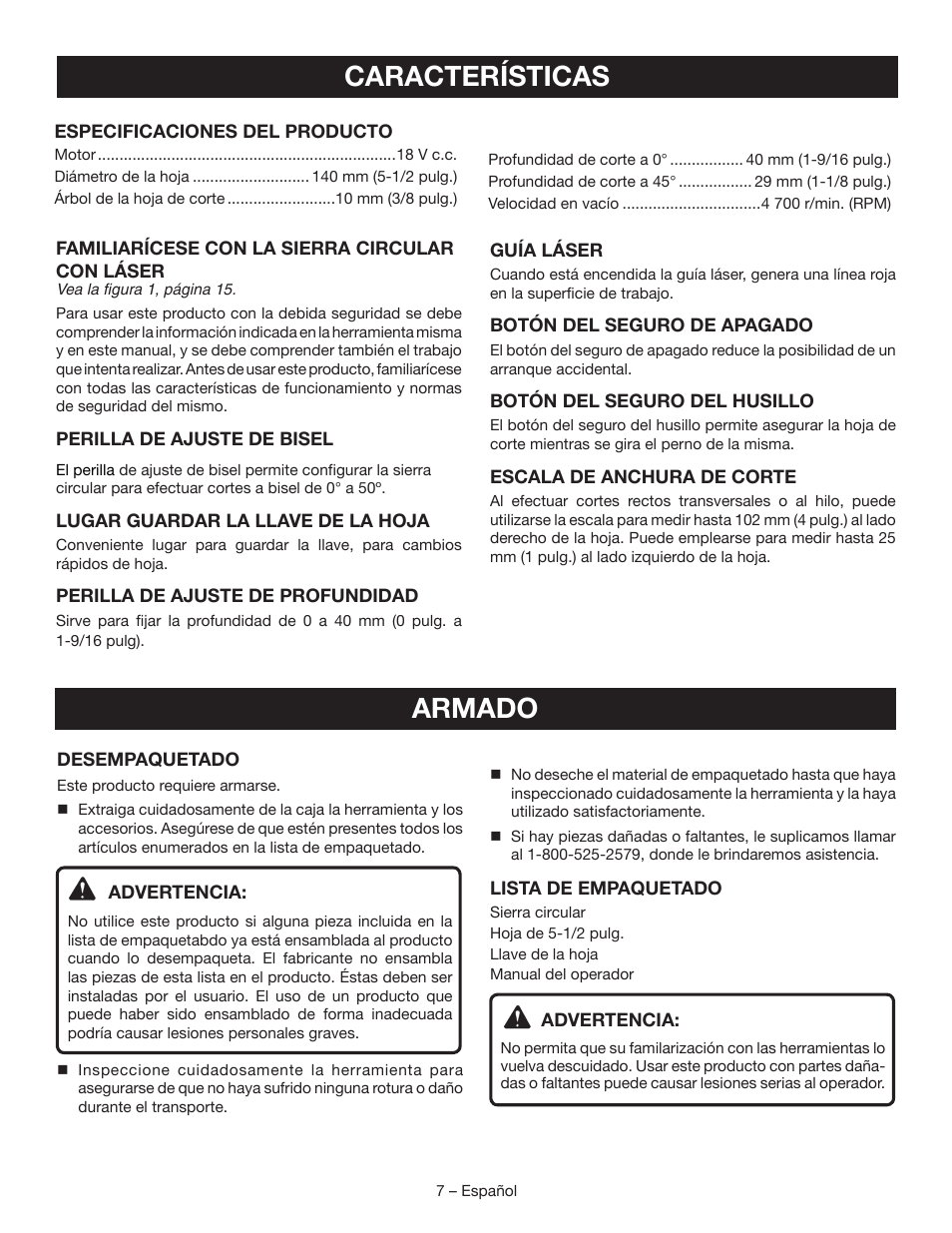 Características, Armado | Ryobi P506 User Manual | Page 33 / 44