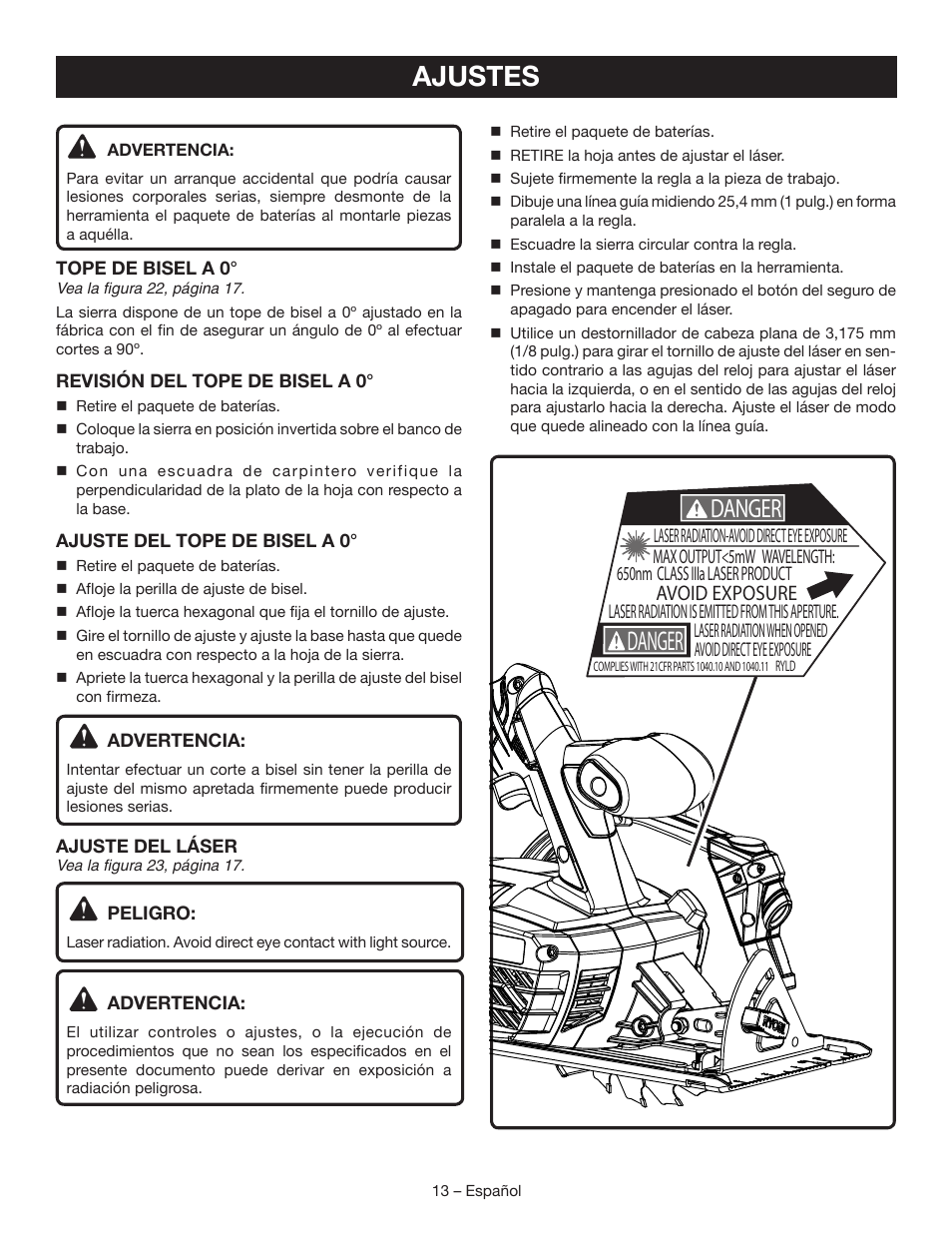 Ajustes, Danger, Avoid exposure | Ryobi P506 User Manual | Page 39 / 44