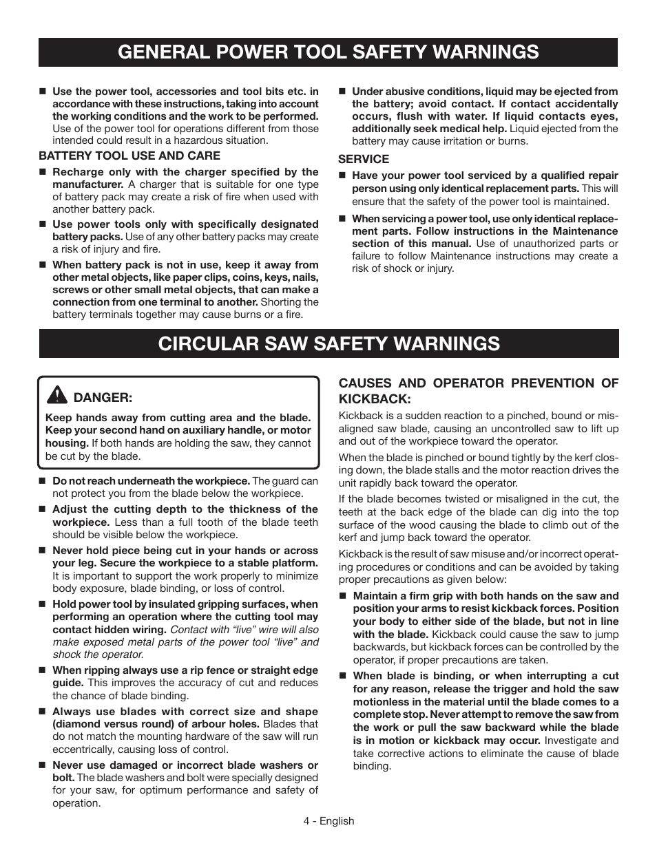 Circular saw safety warnings, General power tool safety warnings | Ryobi P506 User Manual | Page 4 / 44
