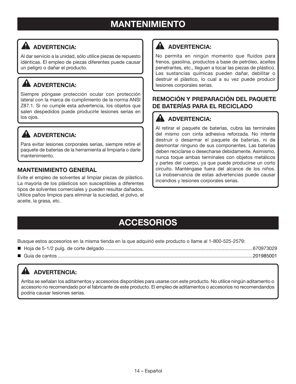 Accesorios, Mantenimiento | Ryobi P506 User Manual | Page 40 / 44