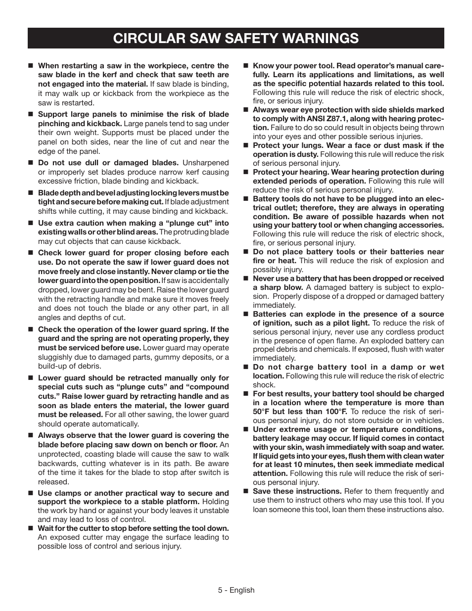 Circular saw safety warnings | Ryobi P506 User Manual | Page 5 / 44