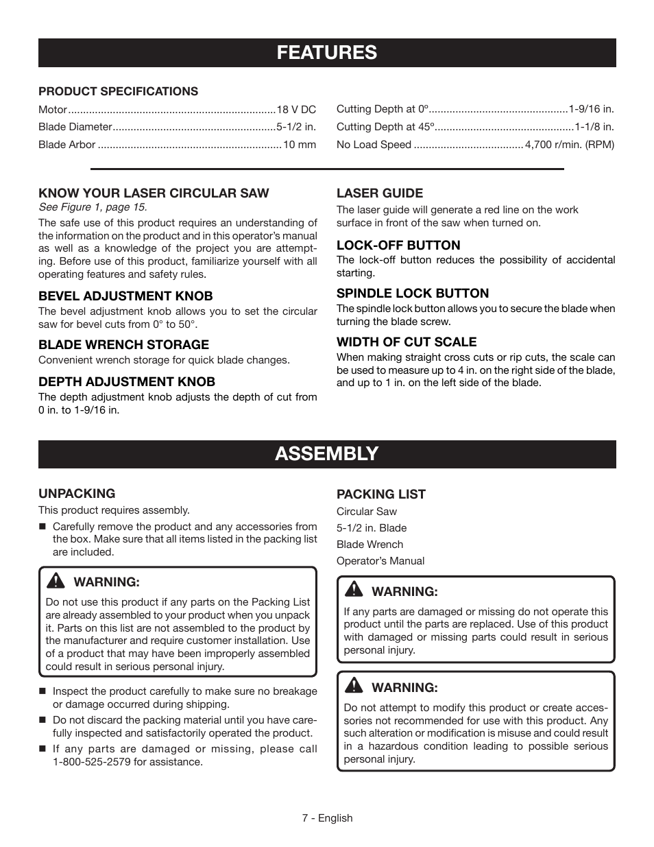 Features, Assembly | Ryobi P506 User Manual | Page 7 / 44