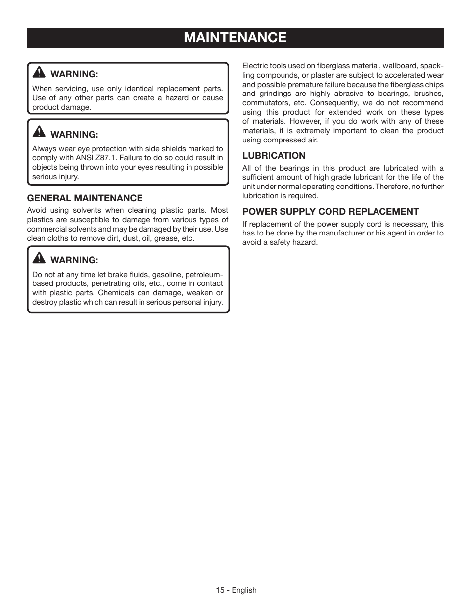 Maintenance | Ryobi CSB134 User Manual | Page 15 / 52