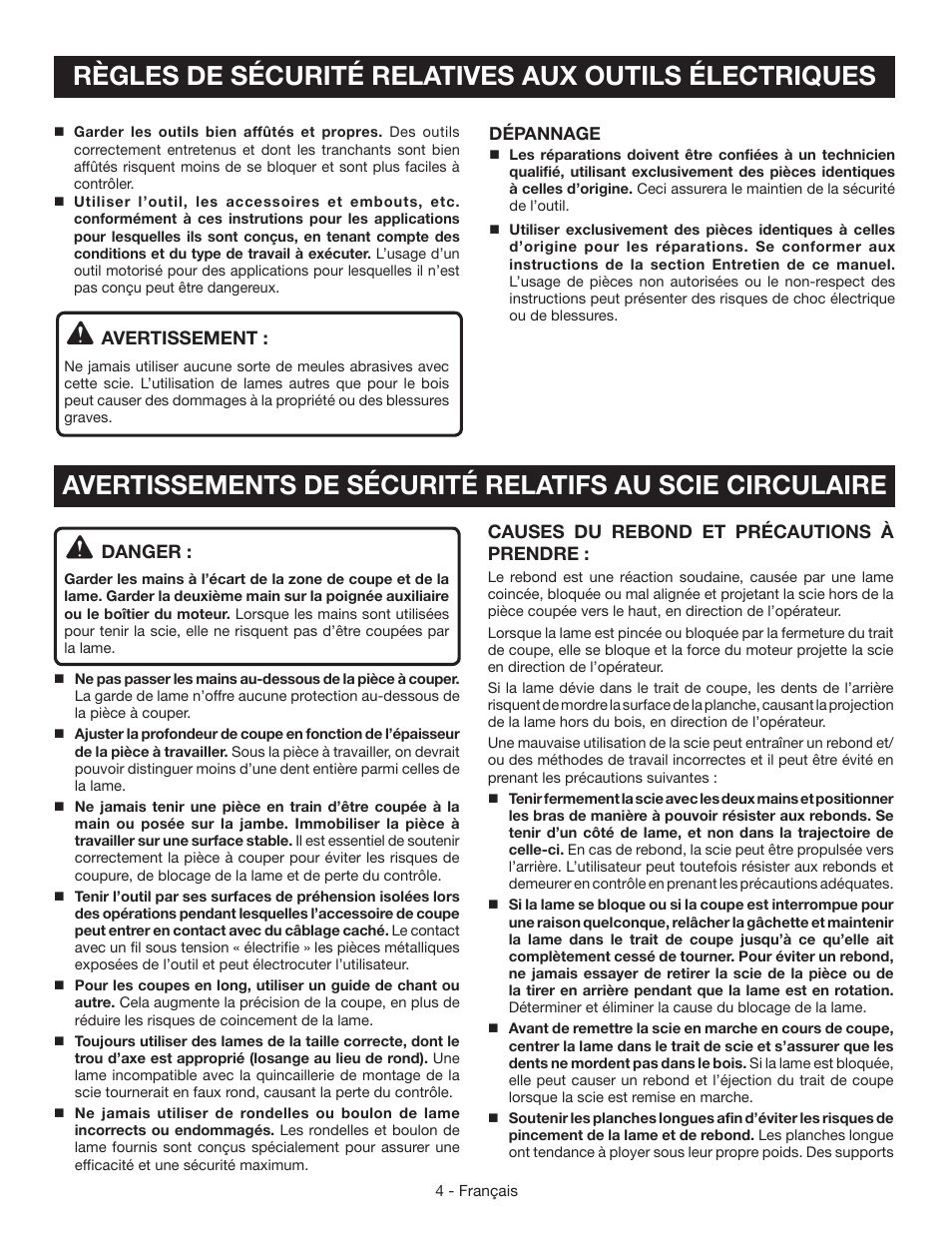 Avertissement, Danger, Causes du rebond et précautions à prendre | Ryobi CSB134 User Manual | Page 19 / 52