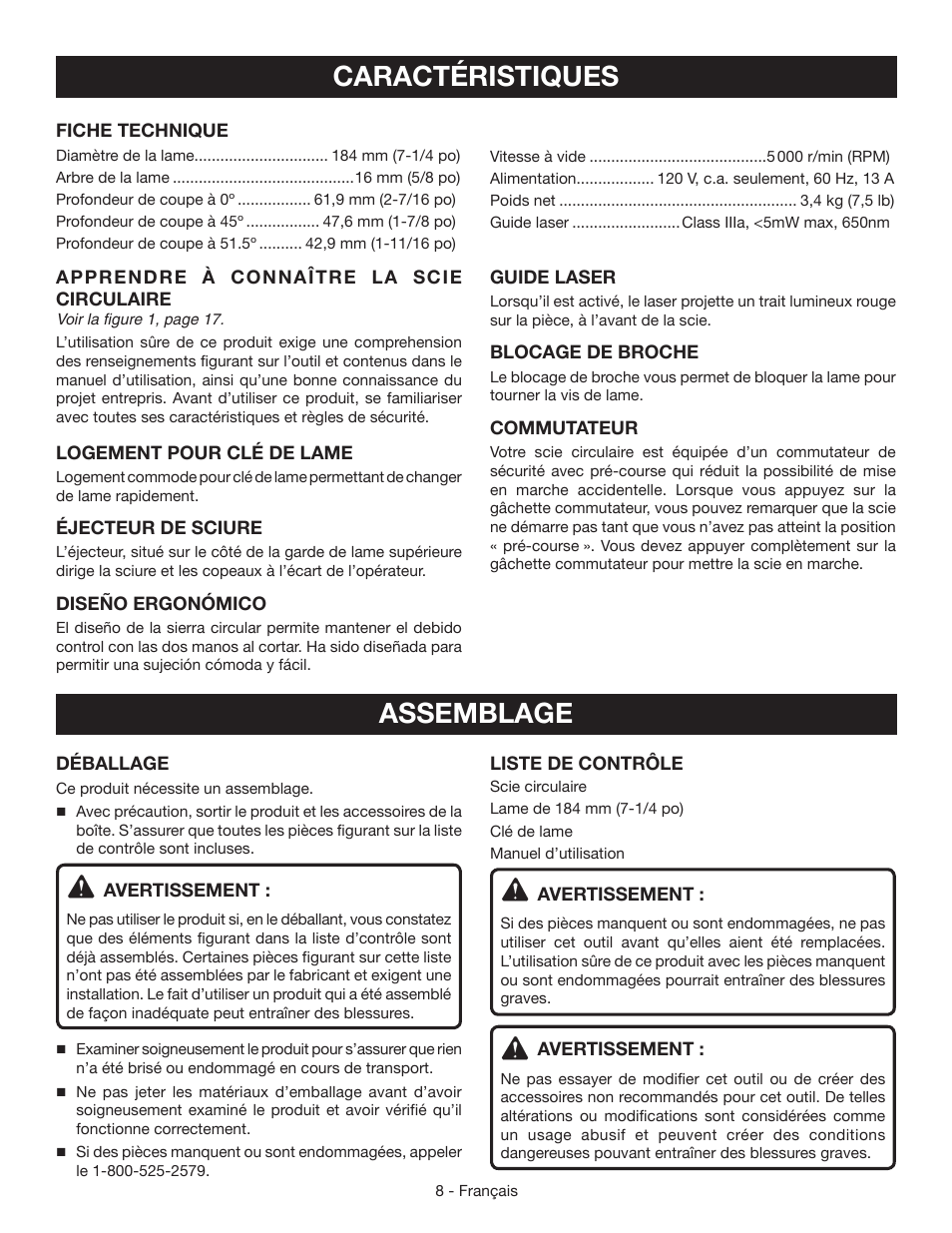 Caractéristiques, Assemblage | Ryobi CSB134 User Manual | Page 23 / 52
