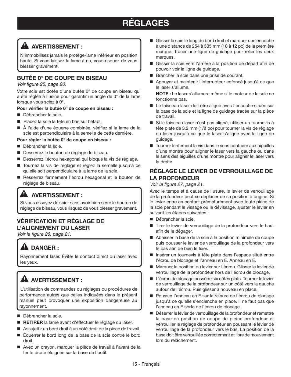 Réglages | Ryobi CSB134 User Manual | Page 30 / 52