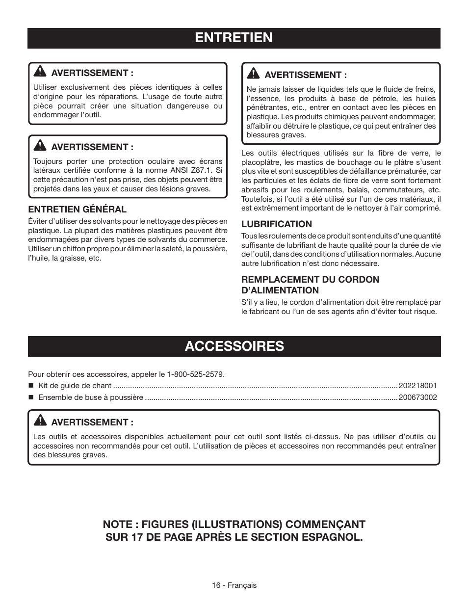 Entretien, Accessoires | Ryobi CSB134 User Manual | Page 31 / 52