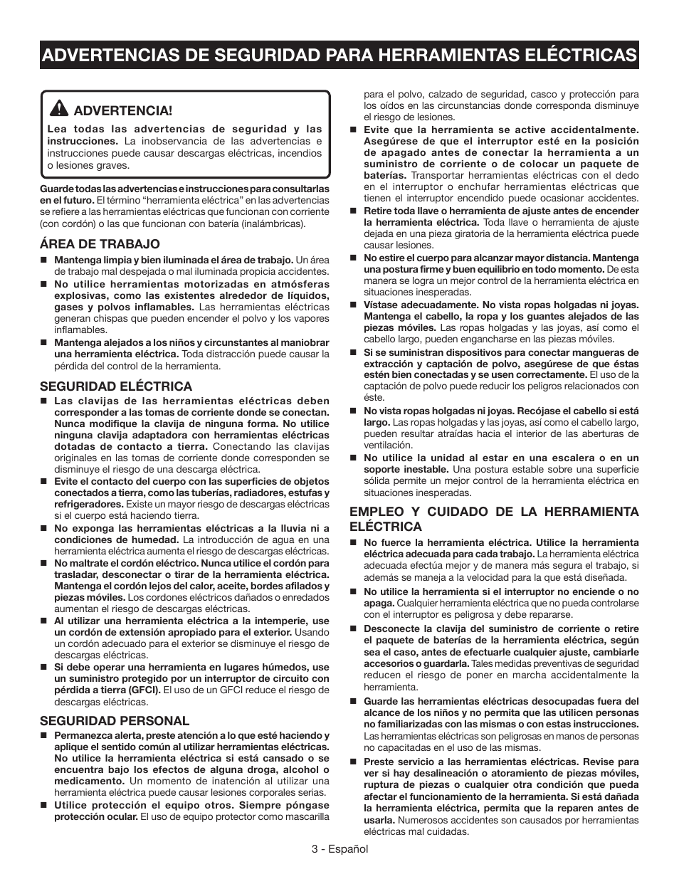 Advertencia | Ryobi CSB134 User Manual | Page 33 / 52