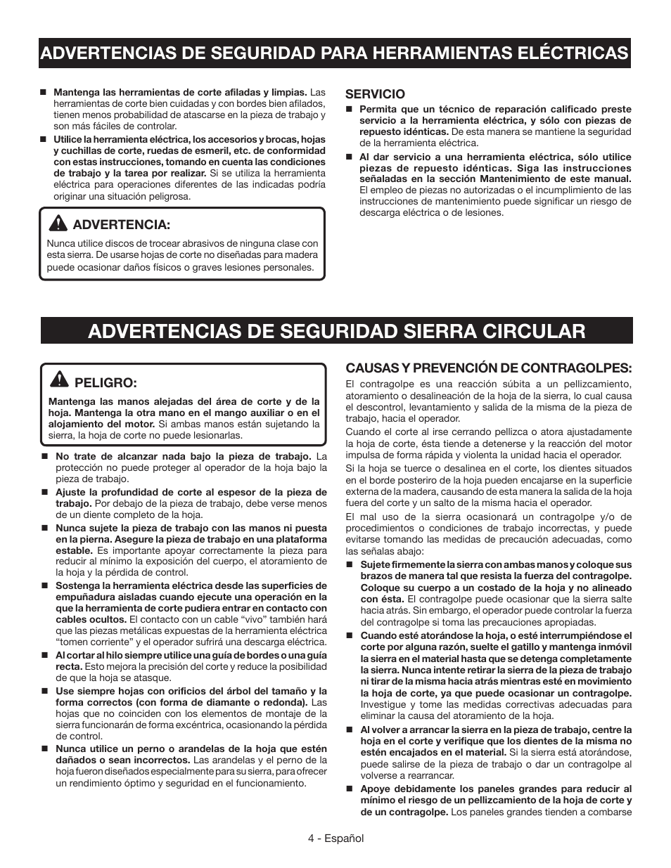 Advertencias de seguridad sierra circular, Advertencia, Peligro | Causas y prevención de contragolpes | Ryobi CSB134 User Manual | Page 34 / 52