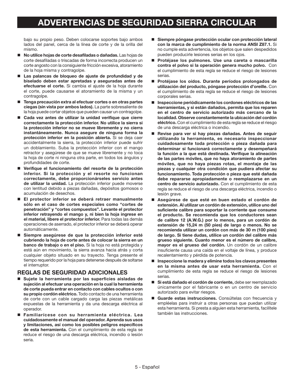 Advertencias de seguridad sierra circular, Reglas de seguridad adicionales | Ryobi CSB134 User Manual | Page 35 / 52