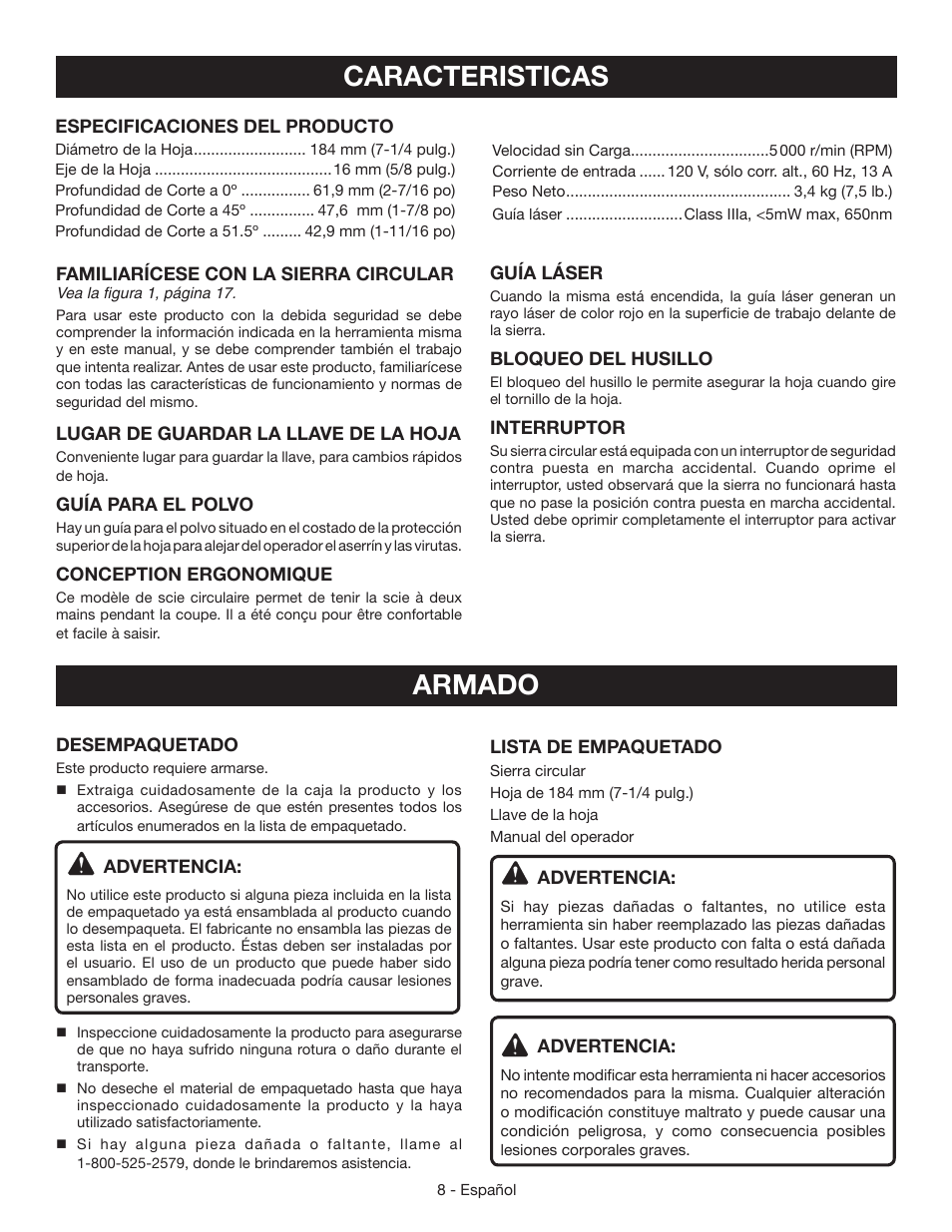 Caracteristicas, Armado | Ryobi CSB134 User Manual | Page 38 / 52