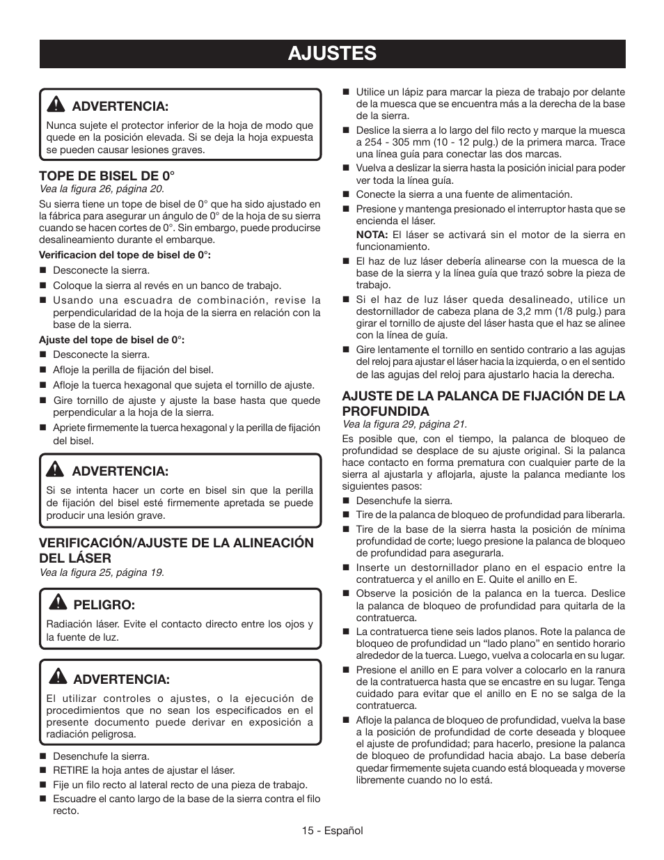 Ajustes, Advertencia, Tope de bisel de 0 | Verificación/ajuste de la alineación del láser, Peligro, Ajuste de la palanca de fijación de la profundida | Ryobi CSB134 User Manual | Page 45 / 52