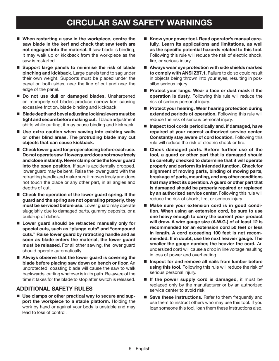 Circular saw safety warnings | Ryobi CSB134 User Manual | Page 5 / 52