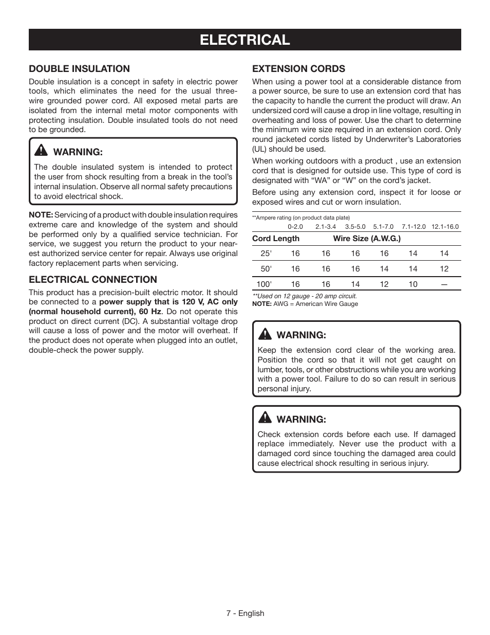 Electrical | Ryobi CSB134 User Manual | Page 7 / 52