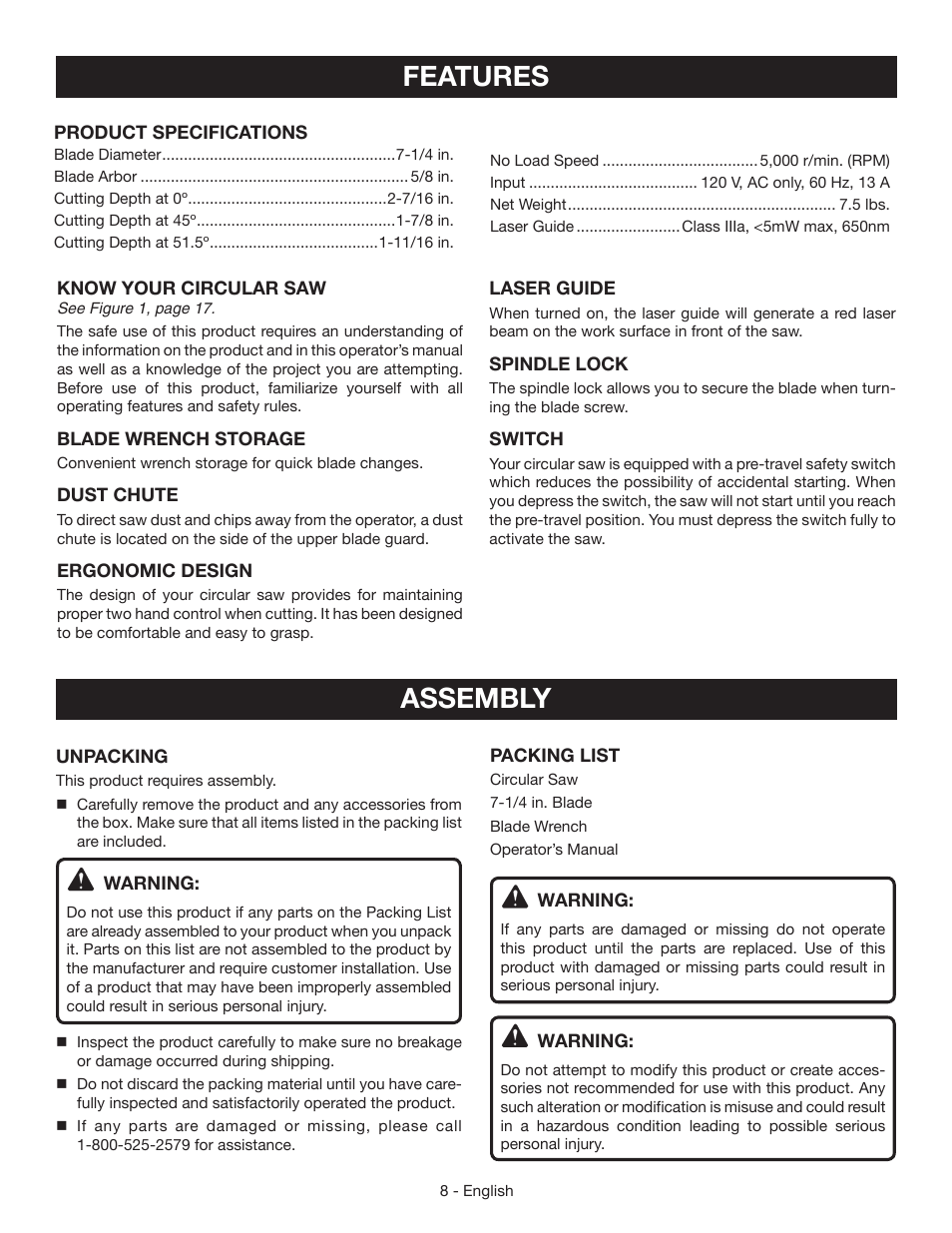 Features assembly | Ryobi CSB134 User Manual | Page 8 / 52