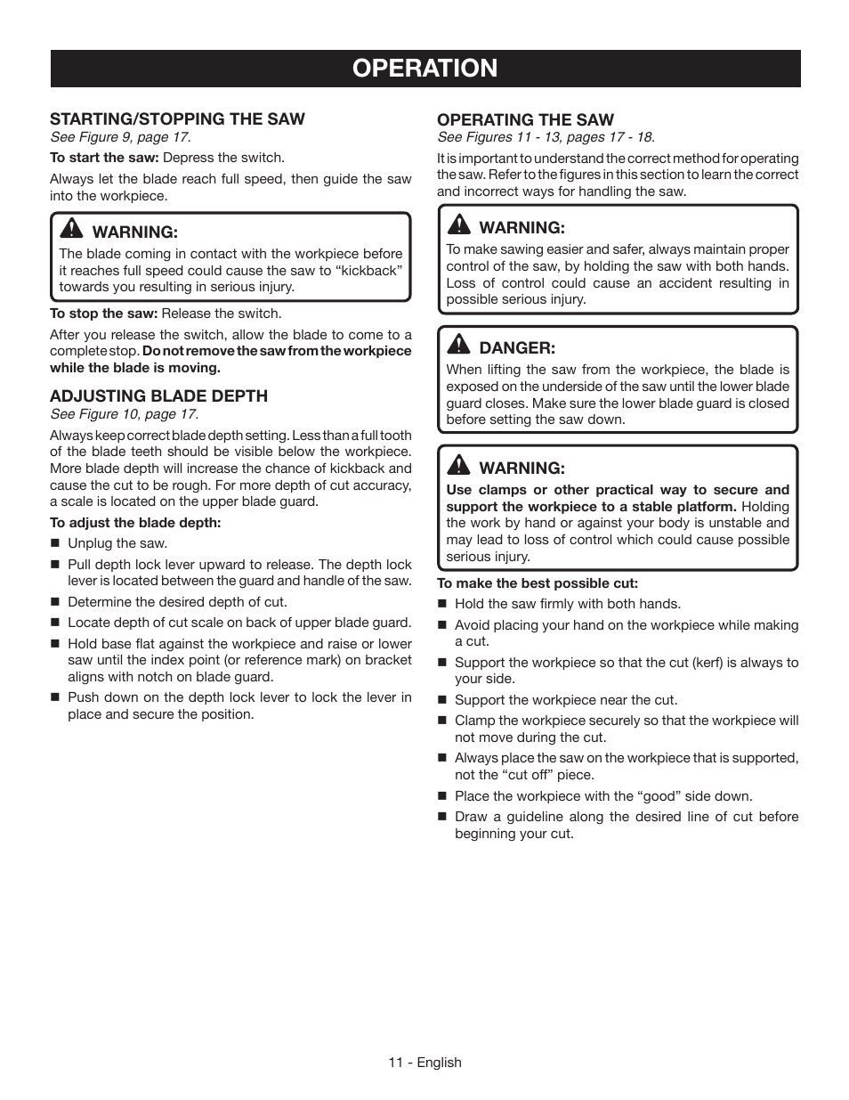 Operation | Ryobi CSB124 User Manual | Page 11 / 48