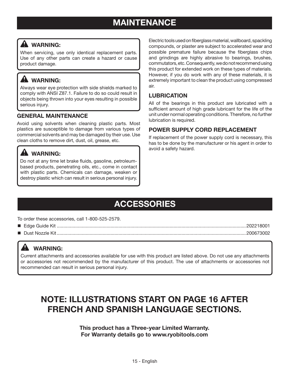 Maintenance, Accessories | Ryobi CSB124 User Manual | Page 15 / 48