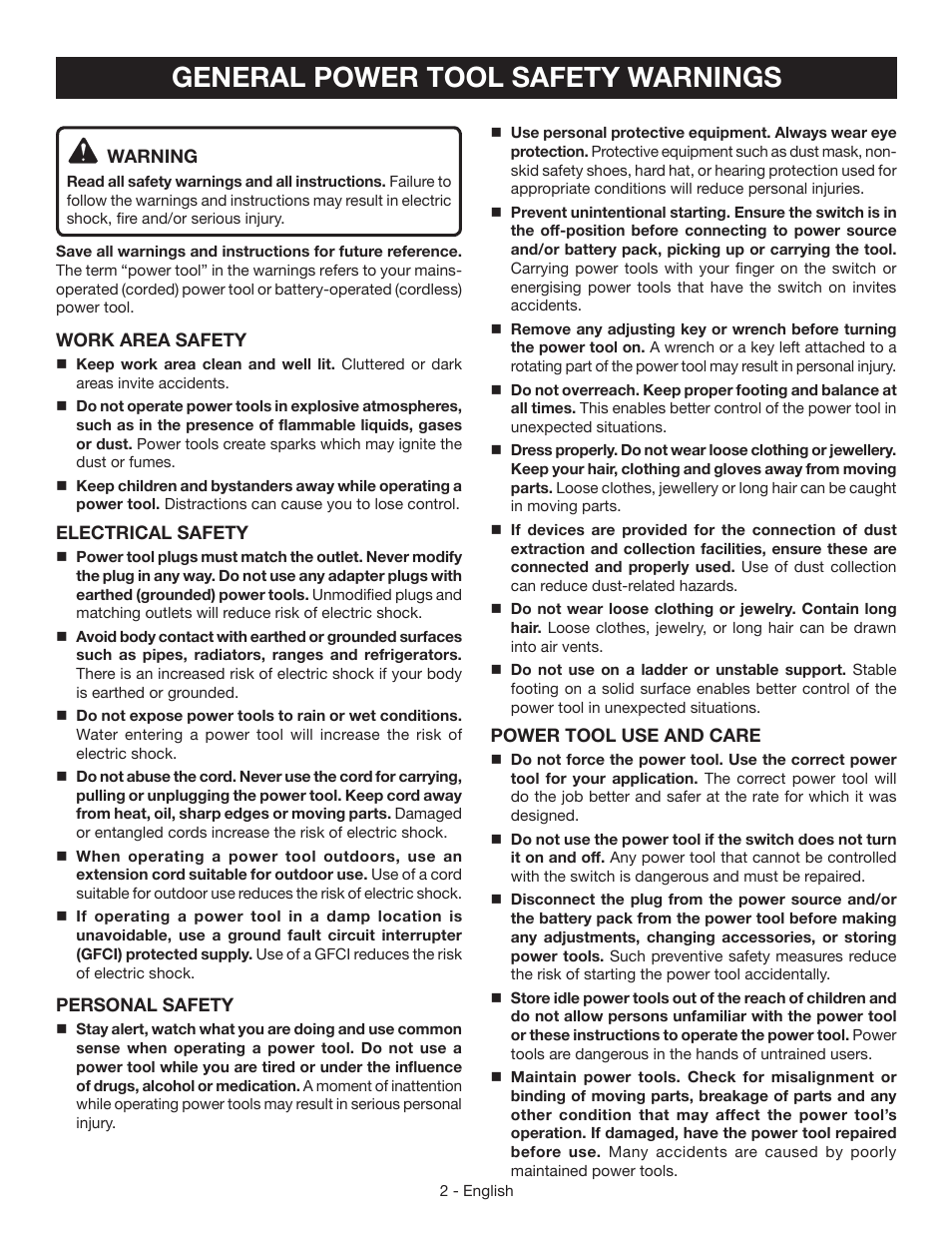 General power tool safety warnings | Ryobi CSB124 User Manual | Page 2 / 48