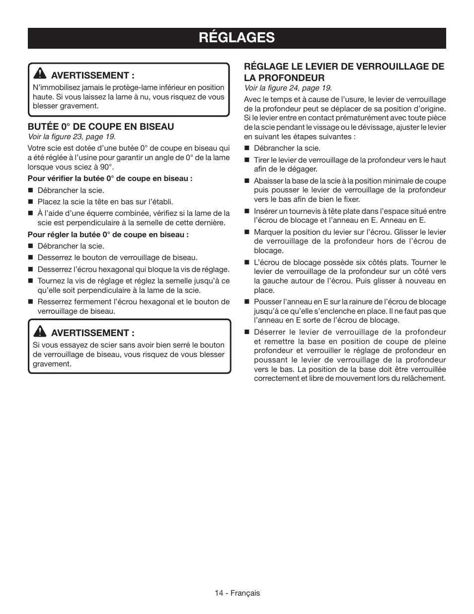 Réglages | Ryobi CSB124 User Manual | Page 28 / 48