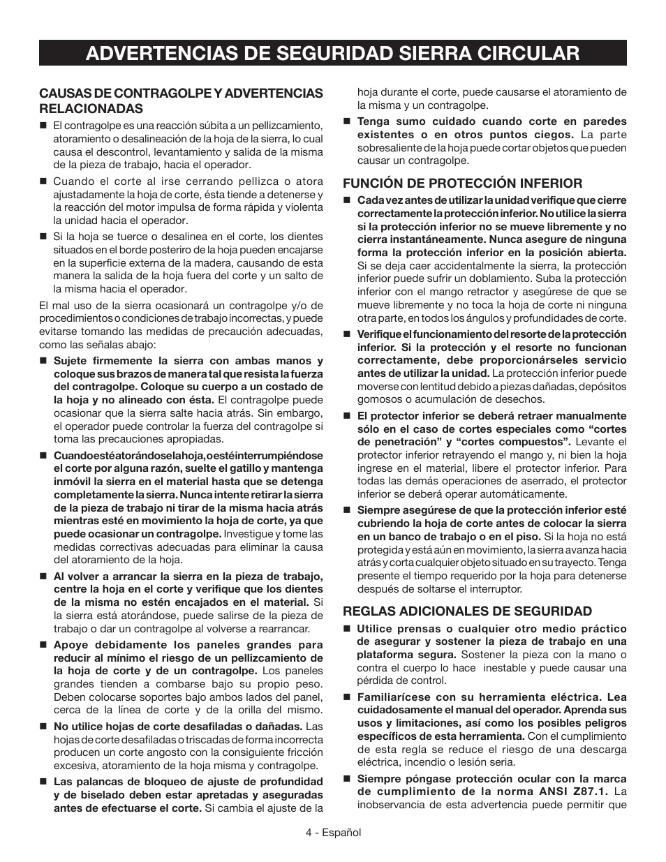 Advertencias de seguridad sierra circular | Ryobi CSB124 User Manual | Page 32 / 48
