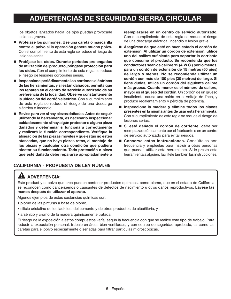 Advertencias de seguridad sierra circular | Ryobi CSB124 User Manual | Page 33 / 48