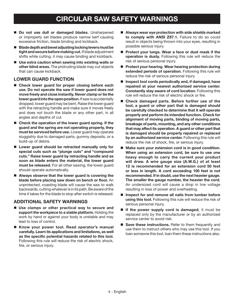 Circular saw safety warnings | Ryobi CSB124 User Manual | Page 4 / 48