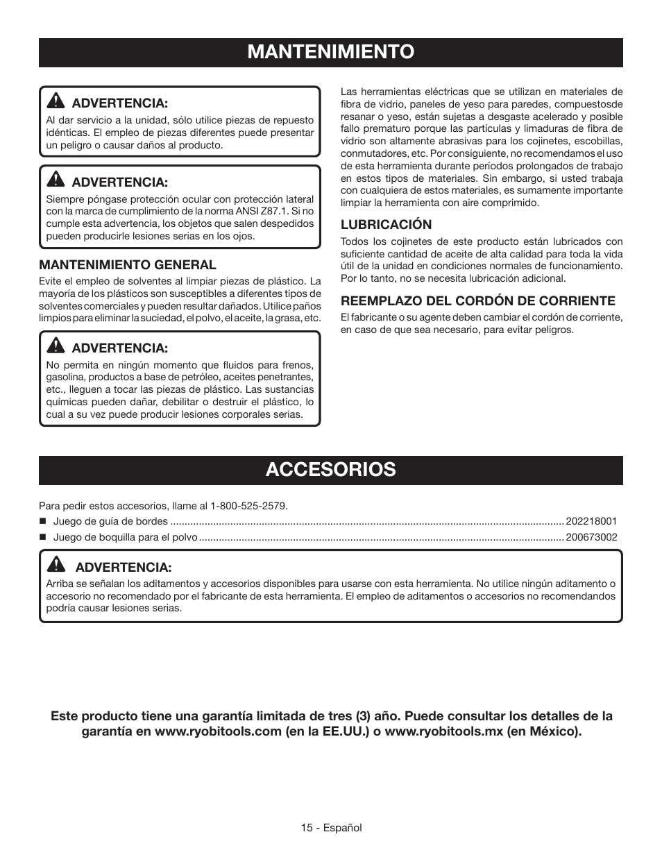 Mantenimiento, Accesorios | Ryobi CSB124 User Manual | Page 43 / 48