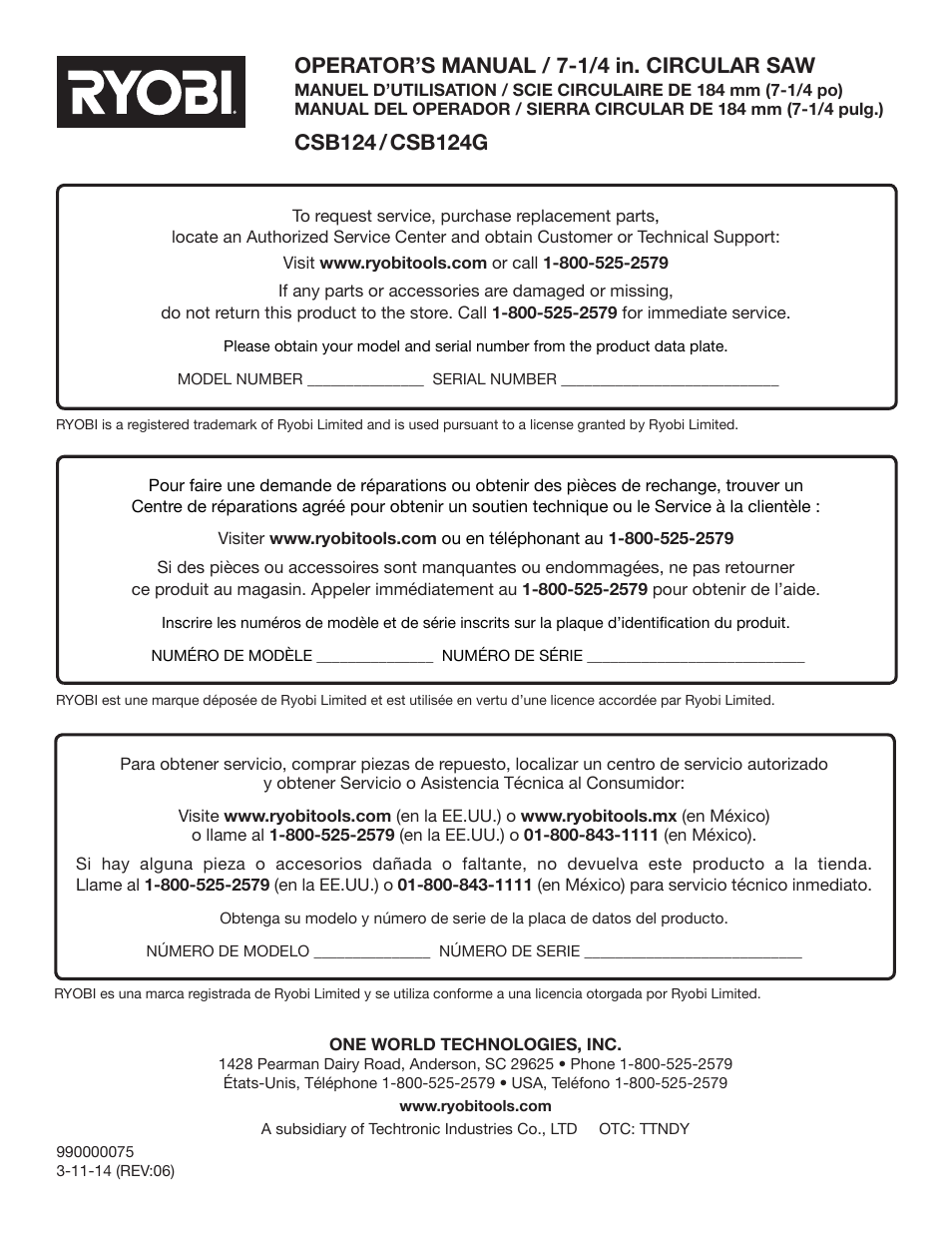 Operator’s manual / 7-1/4 in. circular saw | Ryobi CSB124 User Manual | Page 48 / 48