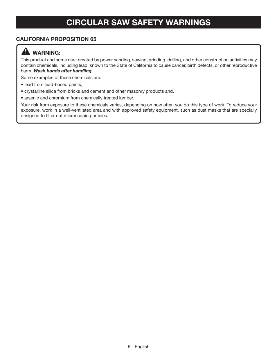 Circular saw safety warnings | Ryobi CSB124 User Manual | Page 5 / 48