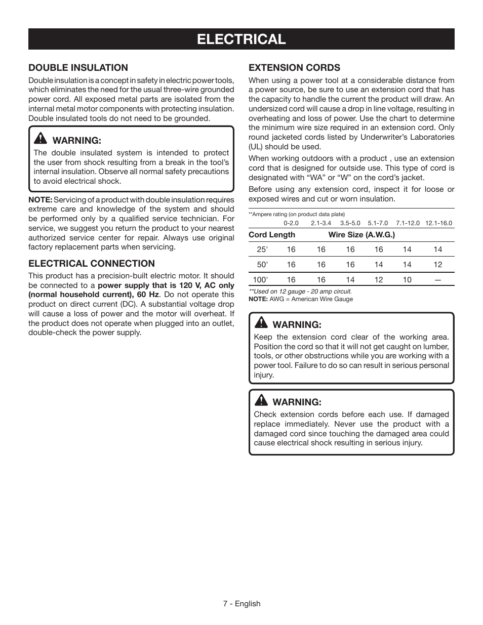 Electrical | Ryobi CSB124 User Manual | Page 7 / 48