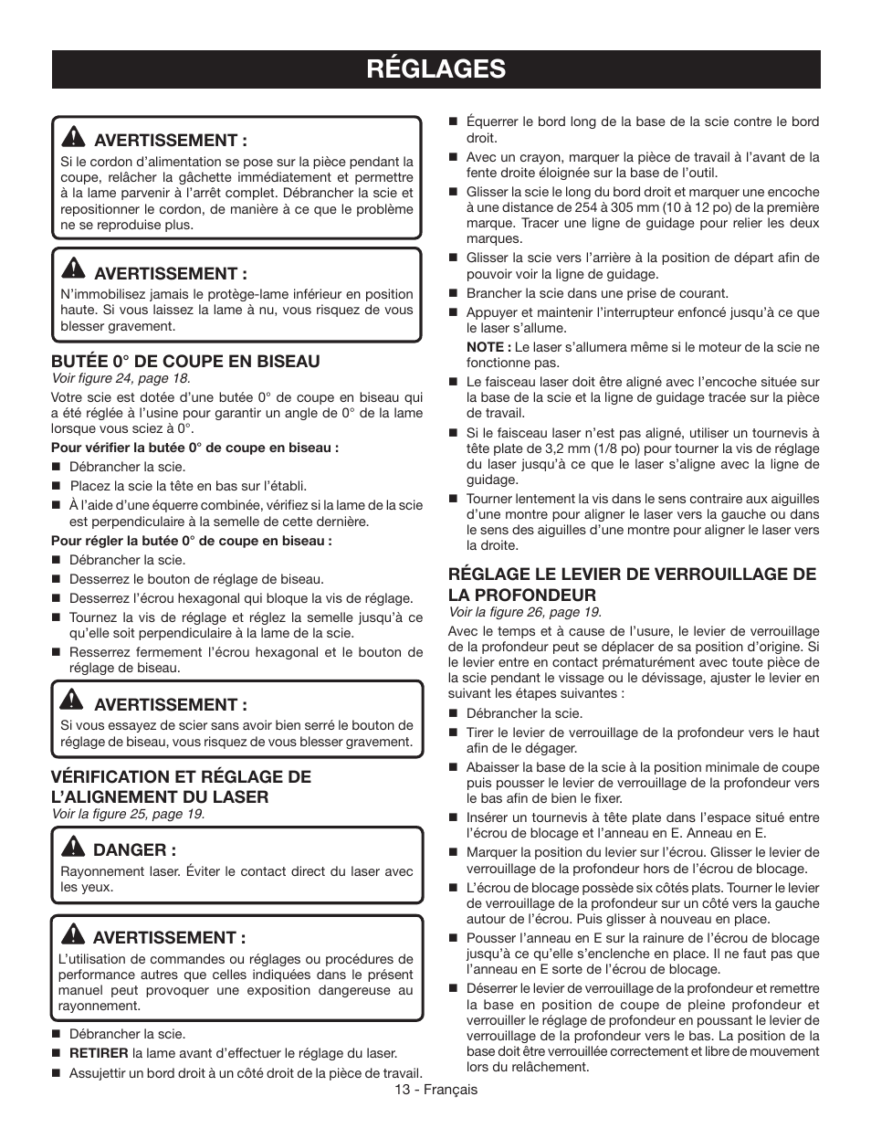 Réglages, Avertissement, Butée 0° de coupe en biseau | Vérification et réglage de l’alignement du laser, Danger, Réglage le levier de verrouillage de la profondeur | Ryobi CSB135L User Manual | Page 26 / 48