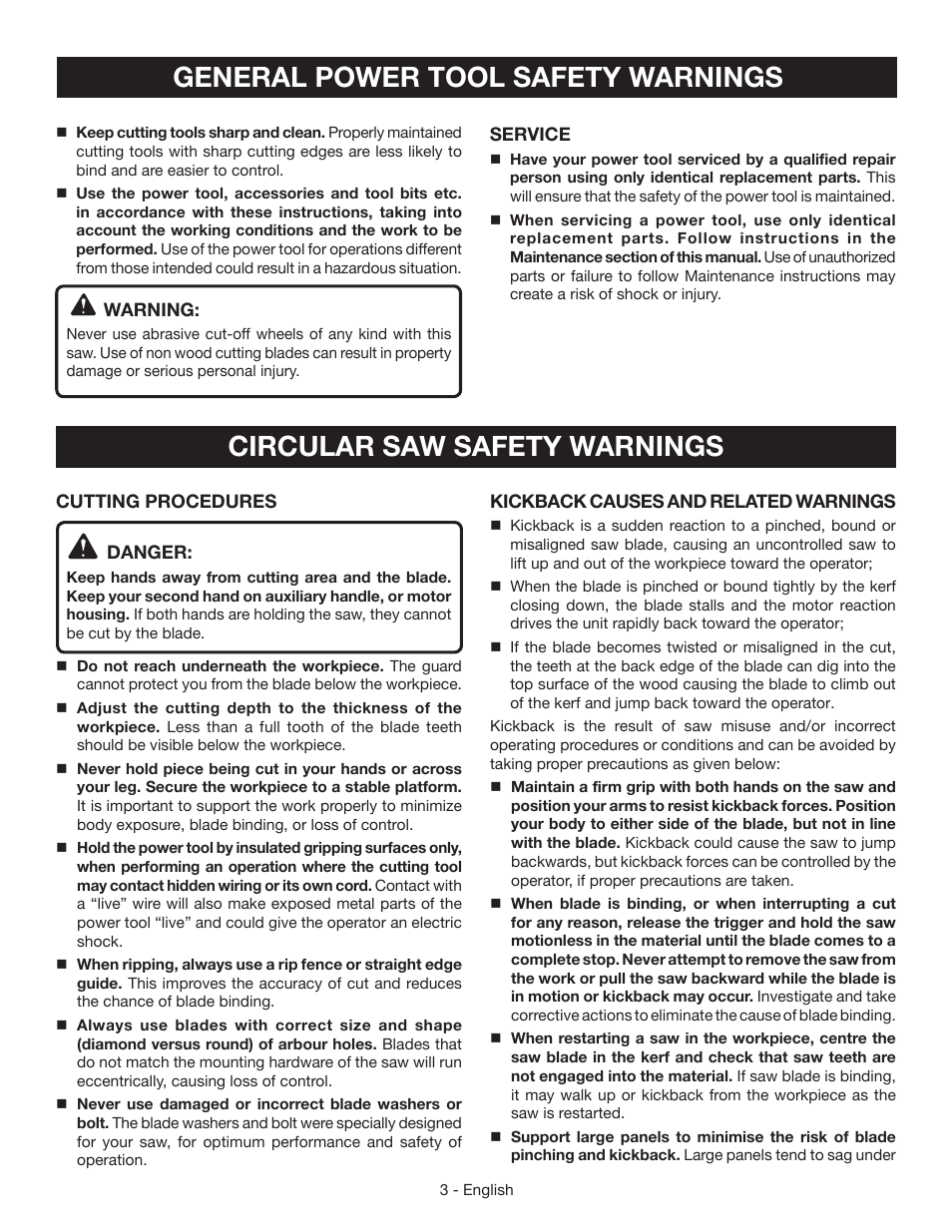 Circular saw safety warnings, General power tool safety warnings | Ryobi CSB135L User Manual | Page 3 / 48