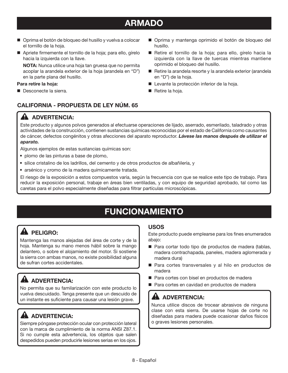 Armado, Funcionamiento | Ryobi CSB135L User Manual | Page 34 / 48