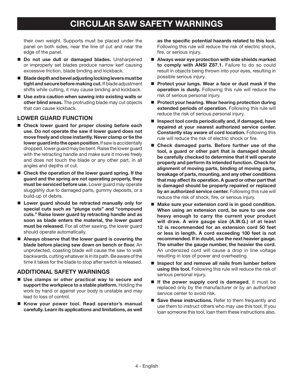 Circular saw safety warnings | Ryobi CSB135L User Manual | Page 4 / 48