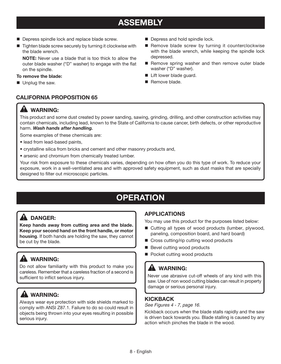 Assembly, Operation | Ryobi CSB135L User Manual | Page 8 / 48