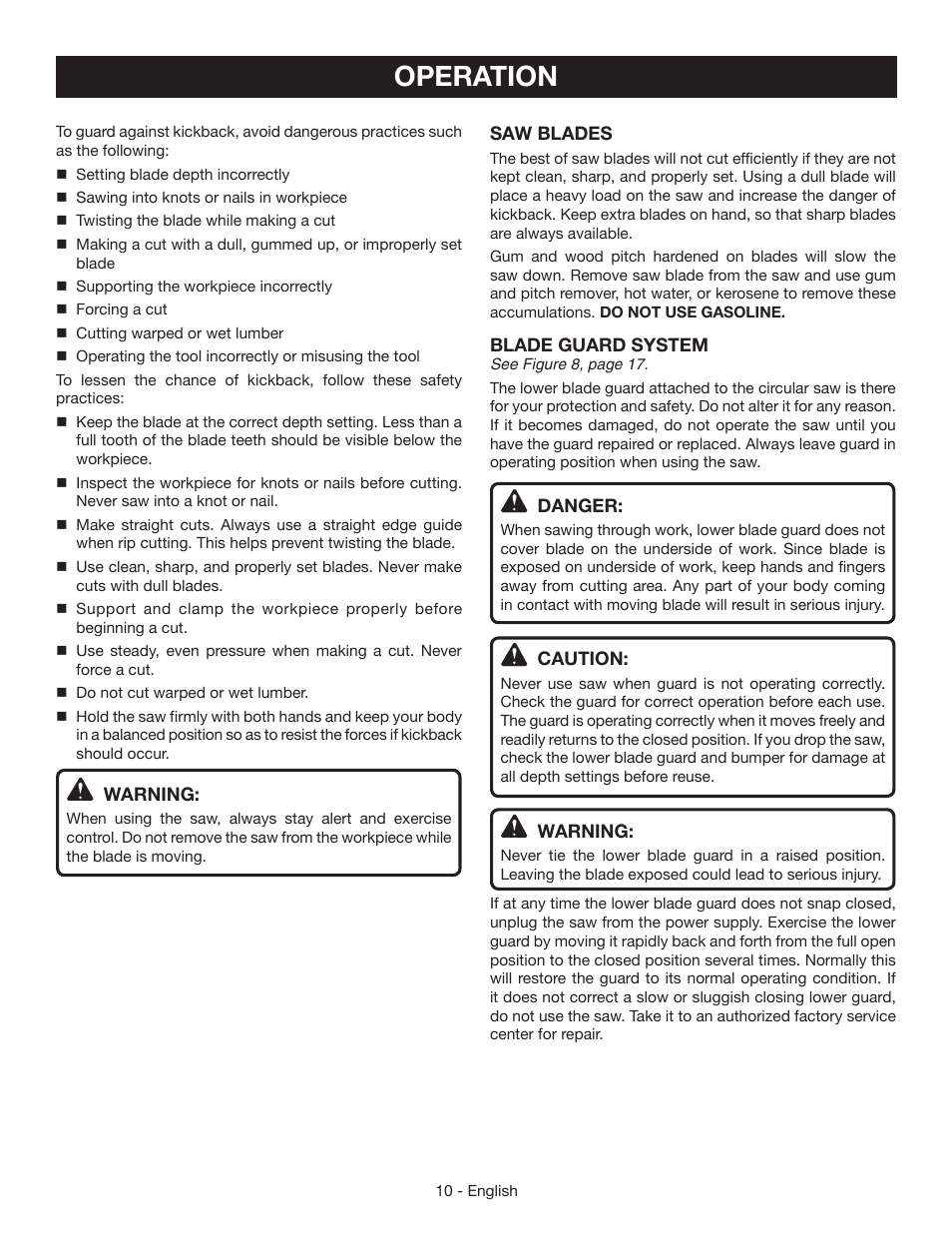 Operation | Ryobi CSB125 User Manual | Page 10 / 48