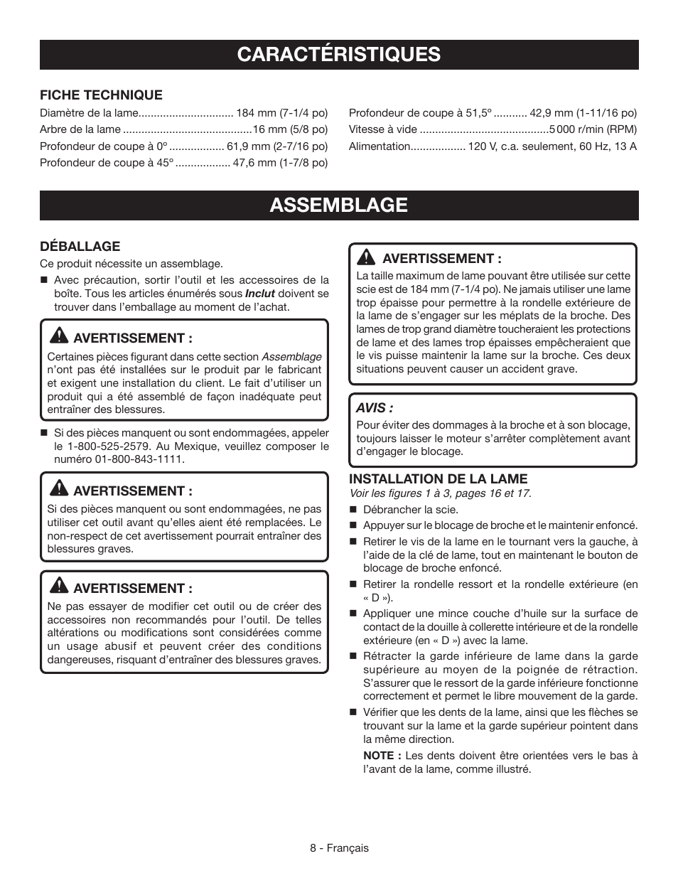 Caractéristiques, Assemblage | Ryobi CSB125 User Manual | Page 22 / 48