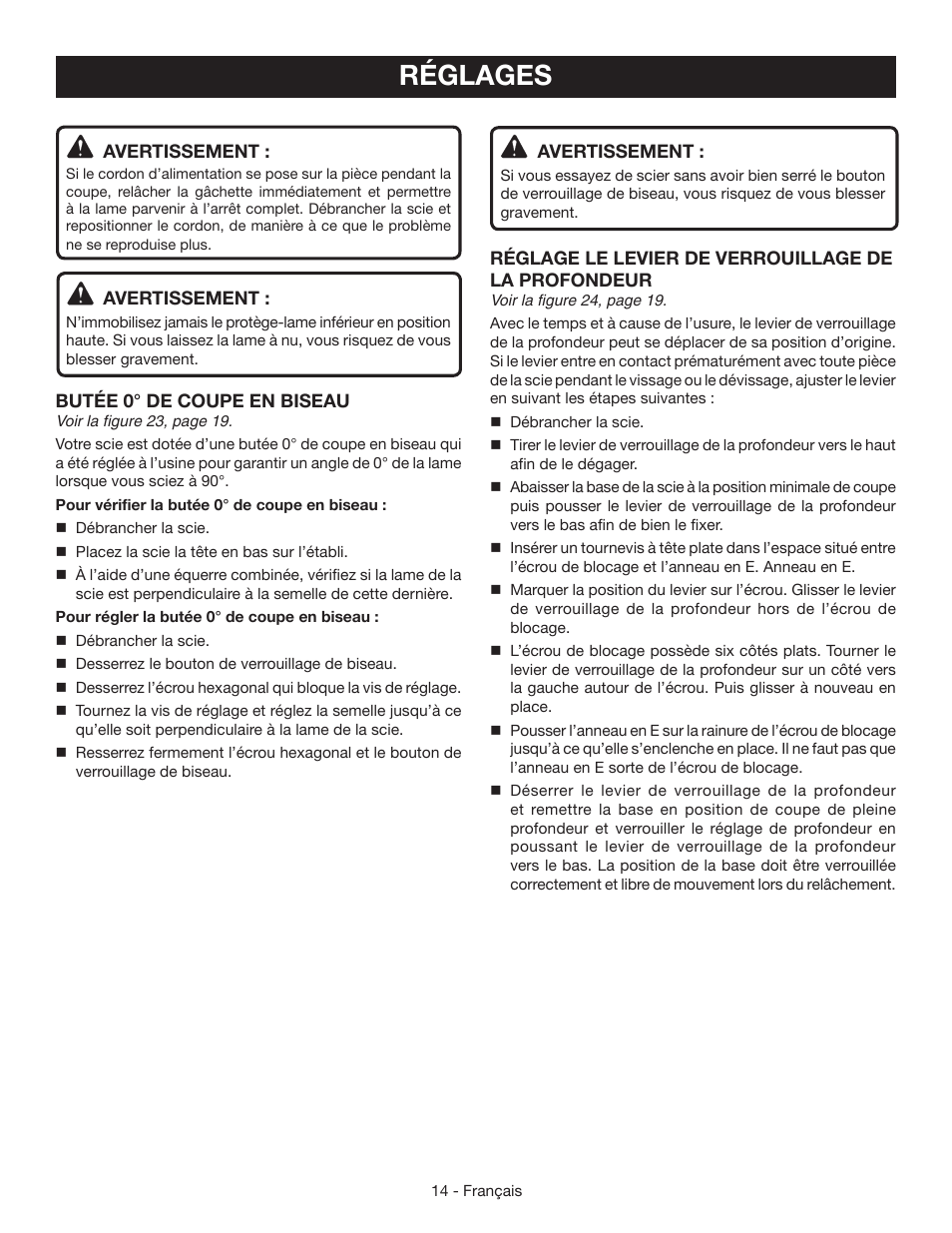 Réglages | Ryobi CSB125 User Manual | Page 28 / 48