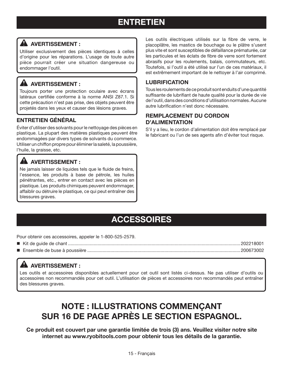 Entretien, Accessoires | Ryobi CSB125 User Manual | Page 29 / 48