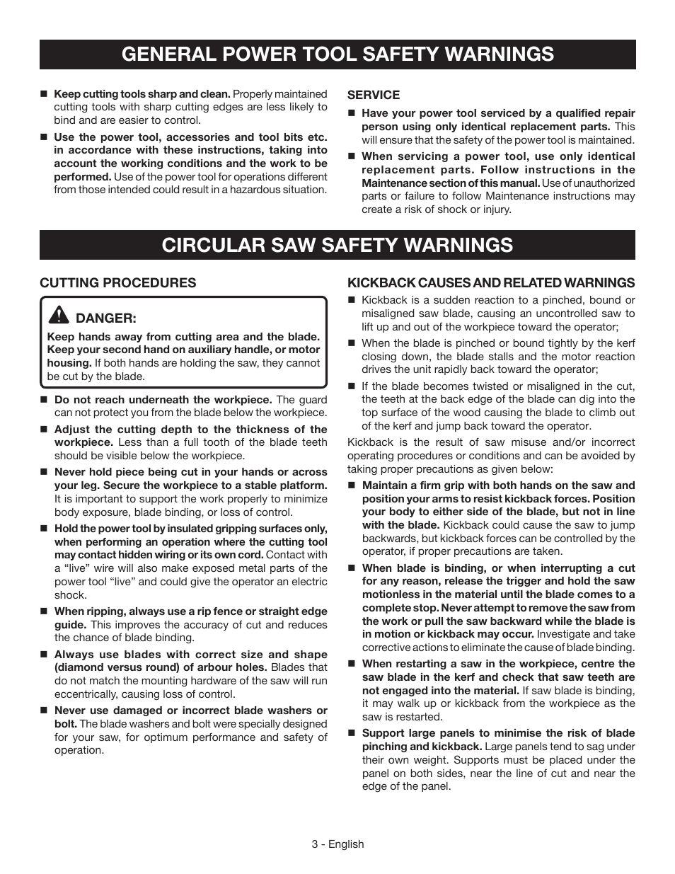 Circular saw safety warnings, General power tool safety warnings | Ryobi CSB125 User Manual | Page 3 / 48