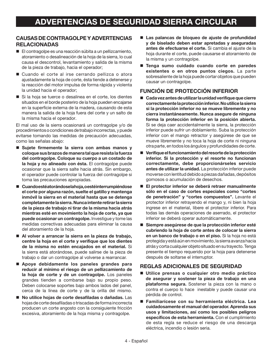Advertencias de seguridad sierra circular | Ryobi CSB125 User Manual | Page 32 / 48