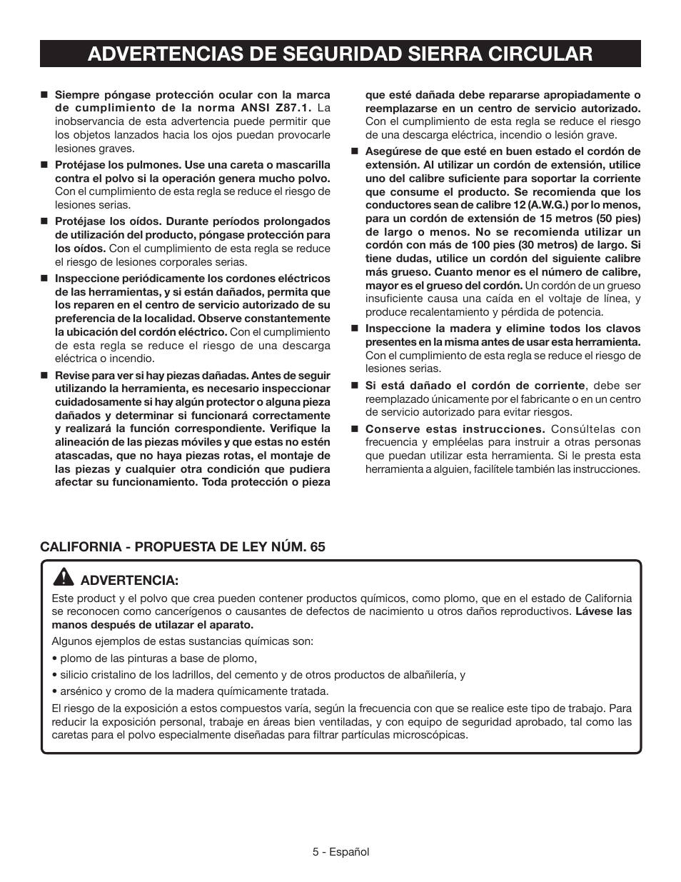 Advertencias de seguridad sierra circular | Ryobi CSB125 User Manual | Page 33 / 48