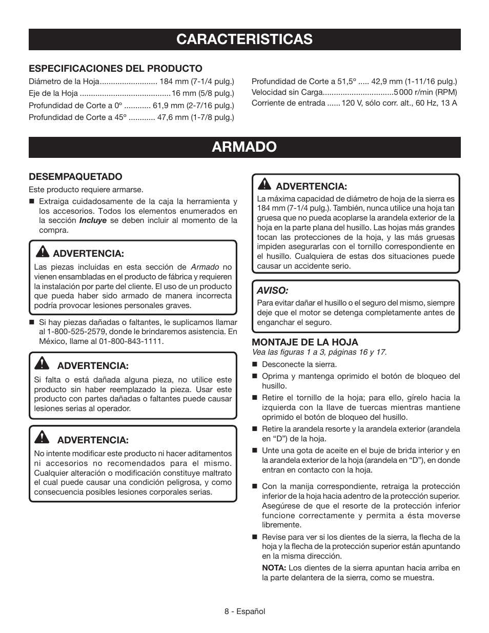 Caracteristicas, Armado | Ryobi CSB125 User Manual | Page 36 / 48