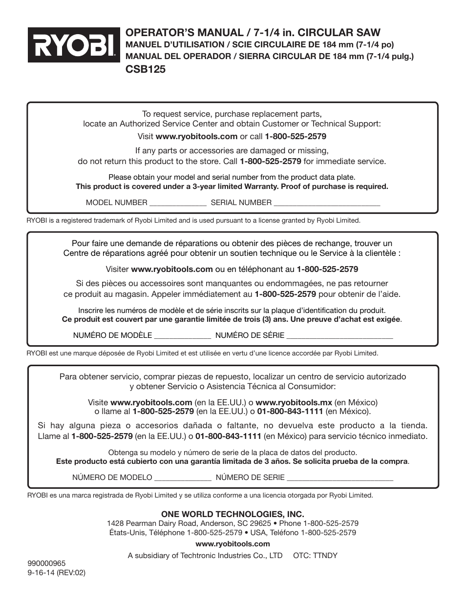 Operator’s manual / 7-1/4 in. circular saw, Csb125 | Ryobi CSB125 User Manual | Page 48 / 48