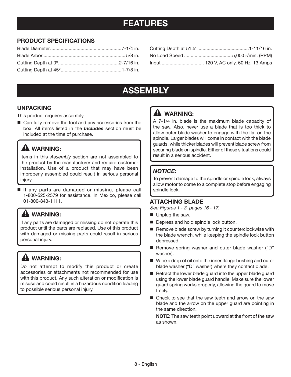 Features, Assembly | Ryobi CSB125 User Manual | Page 8 / 48