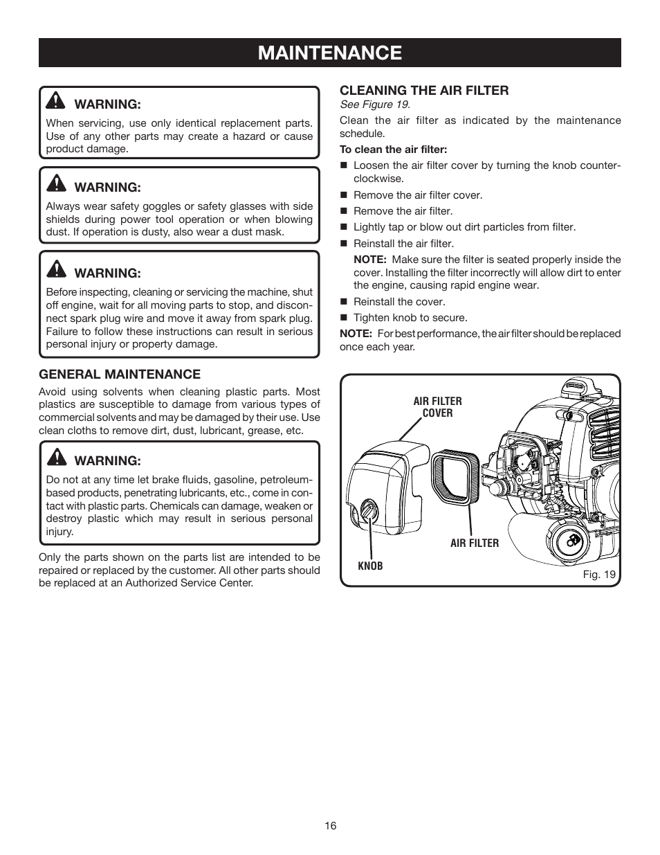 Maintenance | Ryobi RY60514 User Manual | Page 16 / 24