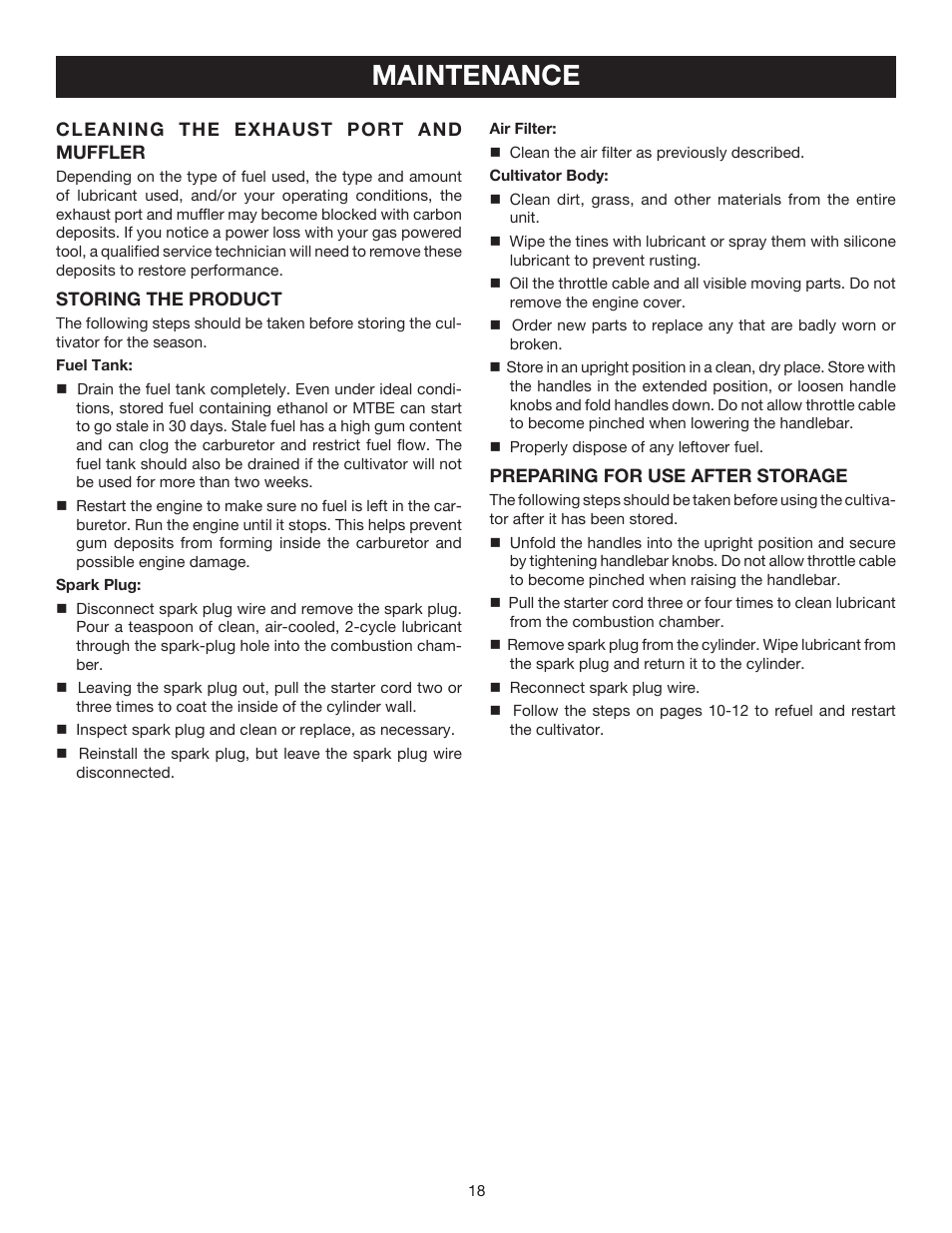 Maintenance | Ryobi RY60514 User Manual | Page 18 / 24