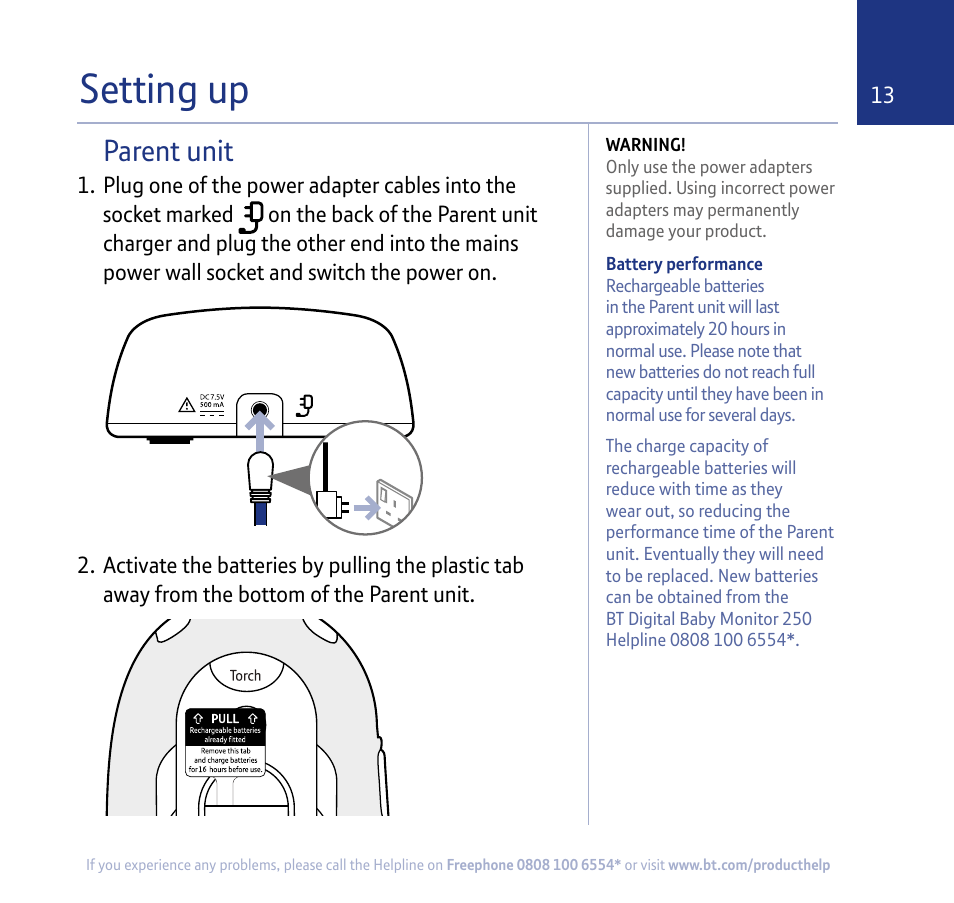 Setting up, Parent unit | BT 250 User Manual | Page 13 / 41